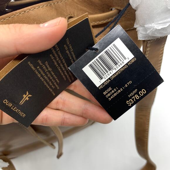 Frye Leather Handbags Melissa Drawstring Hobo Bag Brown Beige Color Purse (NWT) - Picture 5 of 16